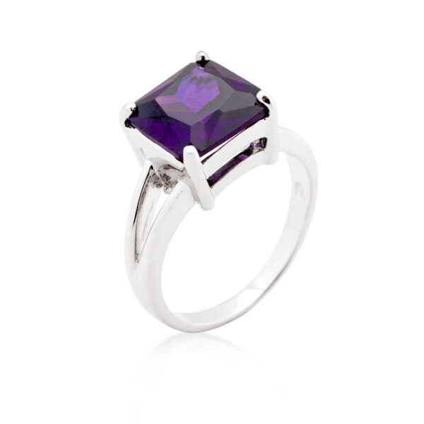 Amethyst-colored cubic zirconia gypsy ring with 10 (mm) X 10 (mm) princess-cut stone in prongs, rhodium plated over lead free alloy (brass)