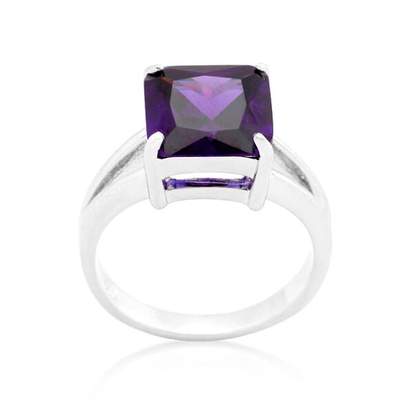 Bridal gypsy ring with amethyst-colored cubic zirconia, 5.5 ct total stone weight, and rhodium plated over lead free alloy (brass)