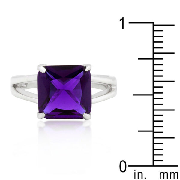 Simple gypsy ring with princess-cut amethyst-colored cubic zirconia in prongs and rhodium plated over lead free alloy (brass)
