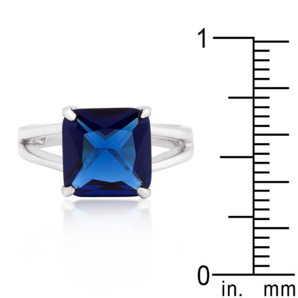 Blue sapphire-colored cubic zirconia gypsy ring with 5.5 ct total stone weight and rhodium plated over lead free alloy (brass).