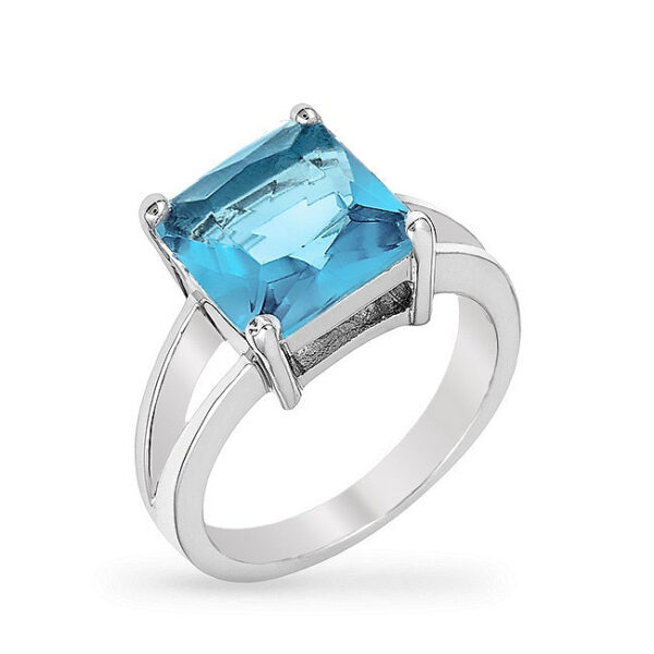 Aqua cubic zirconia solitaire ring with princess cut and prong setting, rhodium plated over lead free alloy (brass).