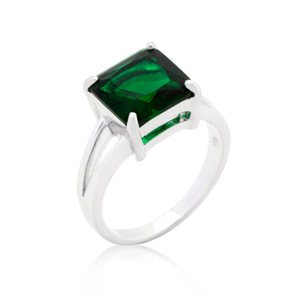 Princess-cut emerald-colored cubic zirconia gypsy ring in prongs, rhodium plated over lead free alloy (brass).