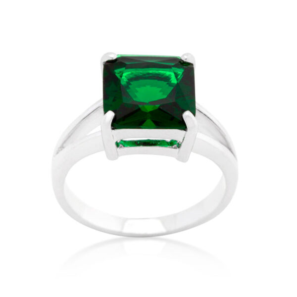 Bridal gypsy ring with princess-cut emerald-colored cubic zirconia in prongs and rhodium plated over lead free alloy (brass).