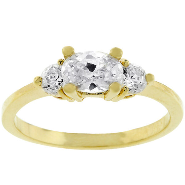 Oval triplet ring with three cubic zirconia stones in prongs and gold tone finish over lead free alloy (brass).