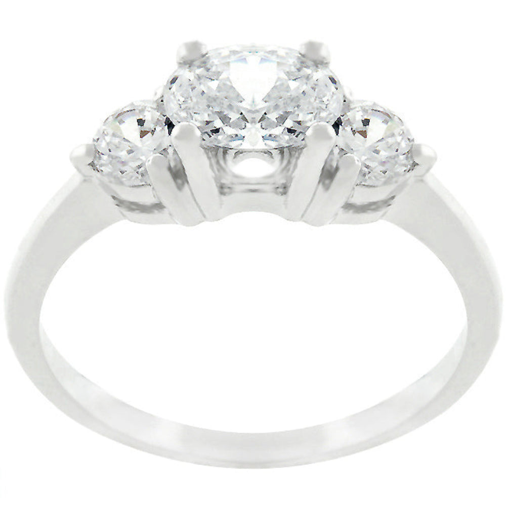 Silvertone 3-stone ring with 3 oval cubic zirconia held in prongs.