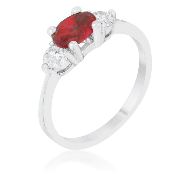 Oval-cut garnet-colored cubic zirconia ring in prongs, rhodium plated over lead free alloy (brass), with 1.2 ct total weight.