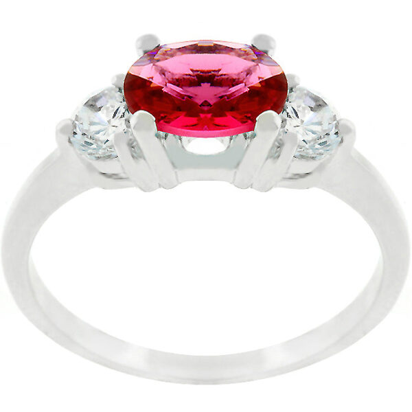 The ring with 3 oval stones in prongs and 1 ct total stone weight, rhodium plated over lead free alloy (brass).