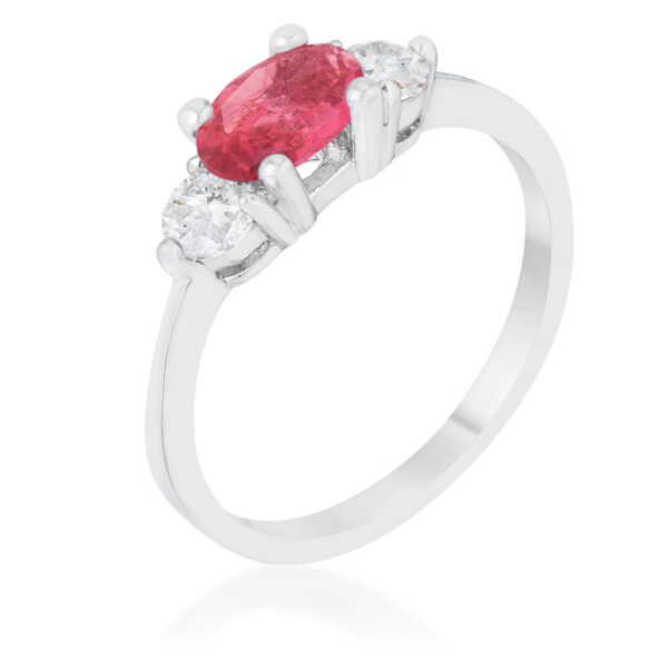 Fuchsia oval cubic zirconia ring in prongs, rhodium plated over lead free alloy (brass), with 1.2 ct total weight.