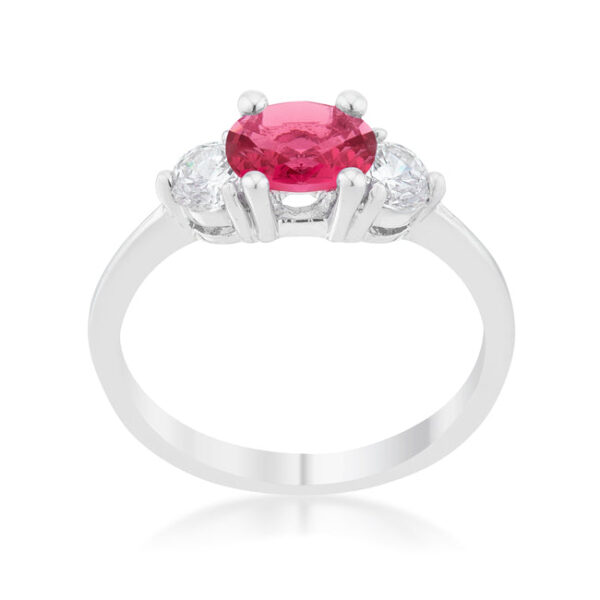 Classic fuchsia cubic zirconia oval ring with prongs and a rhodium plated over lead free alloy (brass) finish.