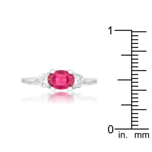 Oval-cut fuchsia cubic zirconia ring in prongs, rhodium plated over lead free alloy (brass), with a 3.75 Mm stone size.