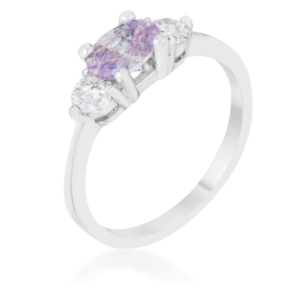 Lavender oval cubic zirconia ring in prongs with rhodium plated over lead free alloy (brass).