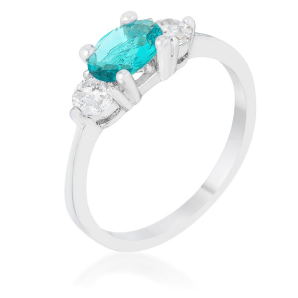 Aqua round cubic zirconia classic ring in a prong setting, rhodium plated over lead free alloy (brass).