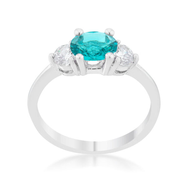 Classic ring with aqua round cubic zirconia in a prong setting and 1.2 ct total weight.