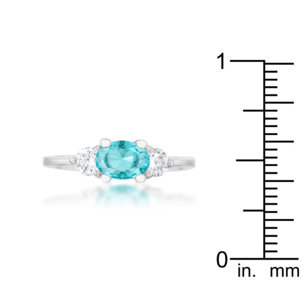 Aqua cubic zirconia ring with a 5 X 7 Mm stone size and 2mm width.
