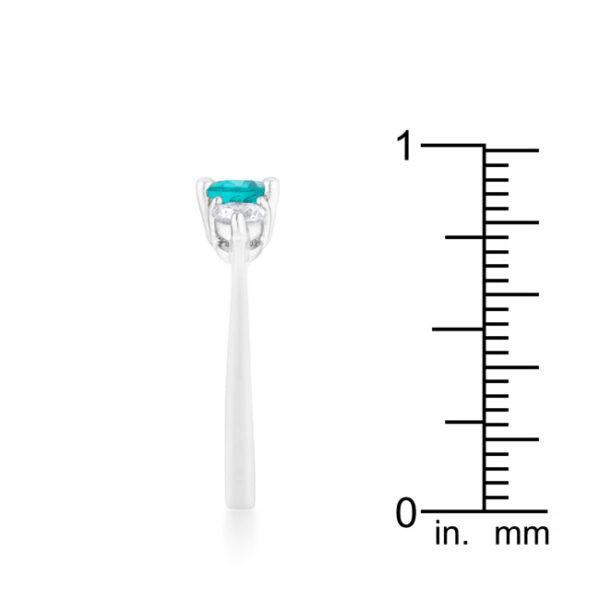 Rhodium plated over lead free alloy (brass) ring with aqua round cubic zirconia.