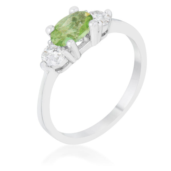 Peridot-colored oval-cut cubic zirconia ring in prongs, rhodium plated over lead free alloy (brass).