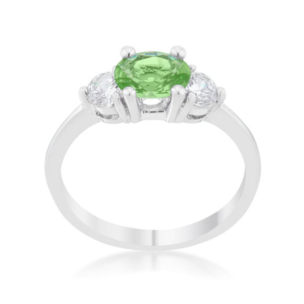 Classic oval ring with peridot-colored cubic zirconia in prongs and rhodium plated over lead free alloy (brass).