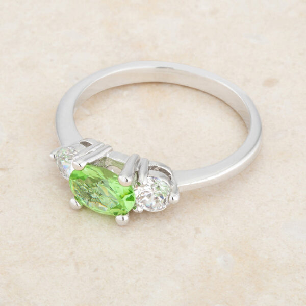 Peridot-colored cubic zirconia prong-set ring with a 2mm width, rhodium plated over lead free alloy (brass).