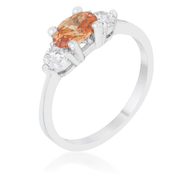 Champagne oval cubic zirconia ring in rhodium plated over lead free alloy (brass), with prong setting and 1.2 ct total weight.