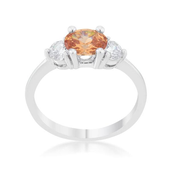 Classic oval ring with champagne cubic zirconia in prongs, rhodium plated over lead free alloy (brass).