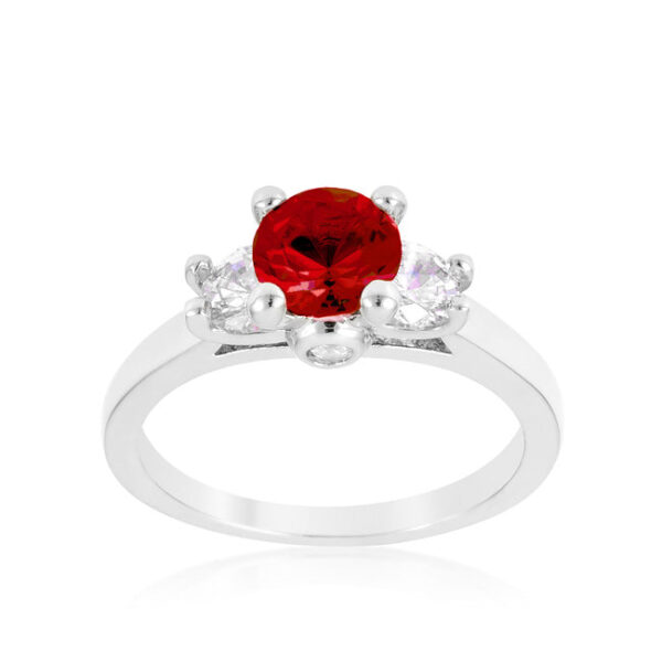 Three round ruby-colored cubic zirconia stones in prongs on a 3-stone ring.