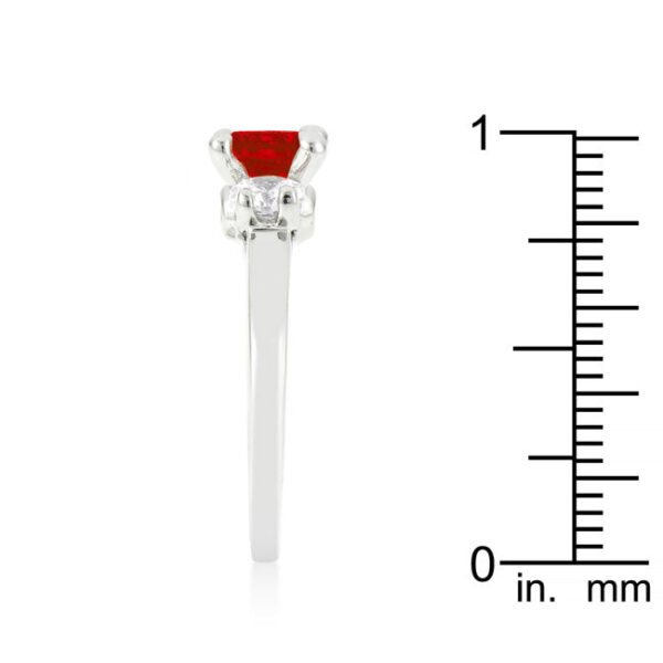 3-stone ring with round ruby-colored cubic zirconia in prongs and 1.76 ct total carat weight.
