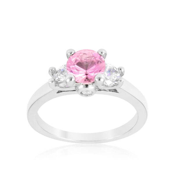Pink bridal ring with 3 round cubic zirconia stones in prongs and 1.76 ct total stone weight.