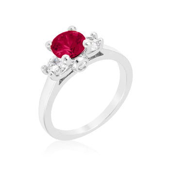 Pink 3-stone ring with round cubic zirconia in prongs, rhodium plated over lead free alloy (brass).