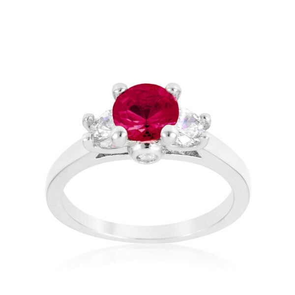 3 pink round cubic zirconia in prongs on a rhodium plated over lead free alloy (brass) ring.