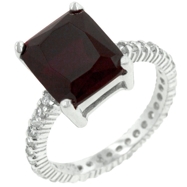 Blue cubic zirconia radiant cut ring in prongs, rhodium plated over .925 sterling silver