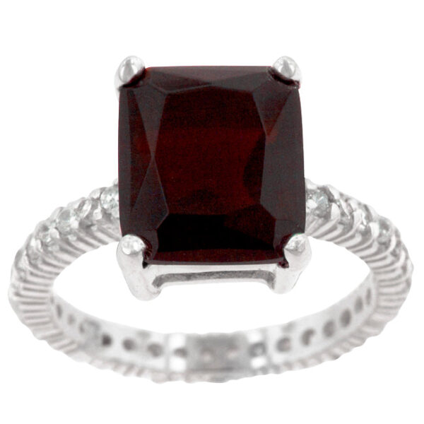 Prong-set blue cubic zirconia ring, rhodium plated over .925 sterling silver
