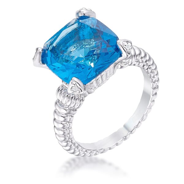 Aqua cushion-cut cubic zirconia ring with a bright white rhodium plated finish.