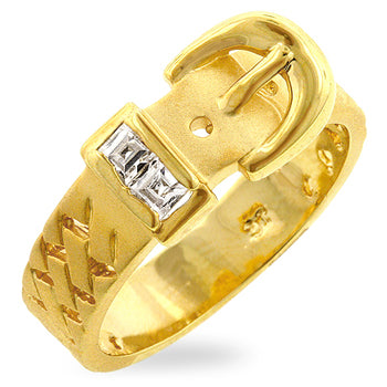 Buckle ring in gold tone over lead free alloy (brass) with Princess cubic zirconia in a bezel setting.