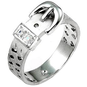 Buckle ring in silver tone over lead free alloy (brass) with white princess-cut cubic zirconia in a bezel setting.