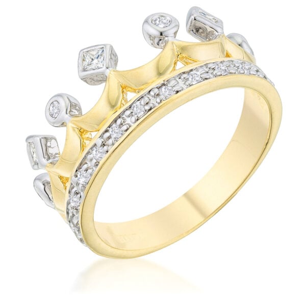 Crown ring with green round cubic zirconia in a bezel setting, 0.21 ct total stone weight, gold tone over lead free alloy (brass).