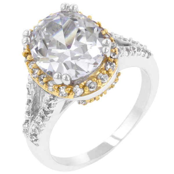 Oval-cut cubic zirconia ring in prongs with gold tone over lead free alloy (brass).