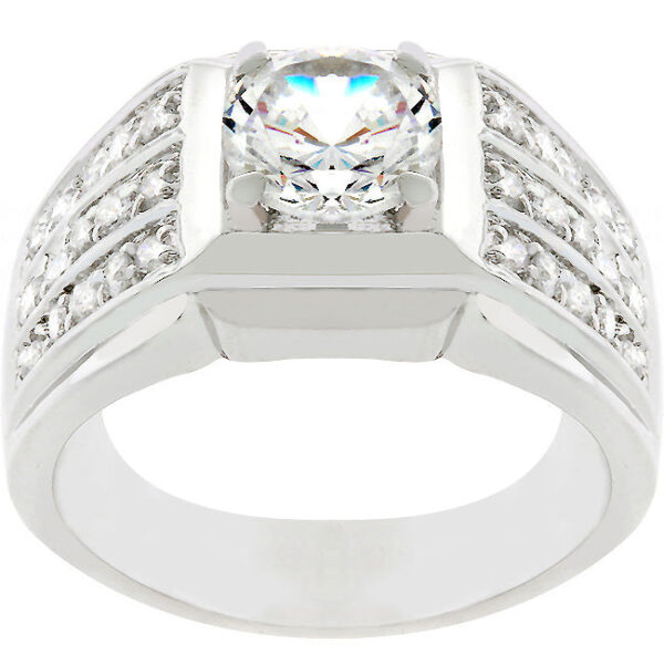 Blue round cubic zirconia ring in prongs with rhodium plated over lead free alloy (brass).
