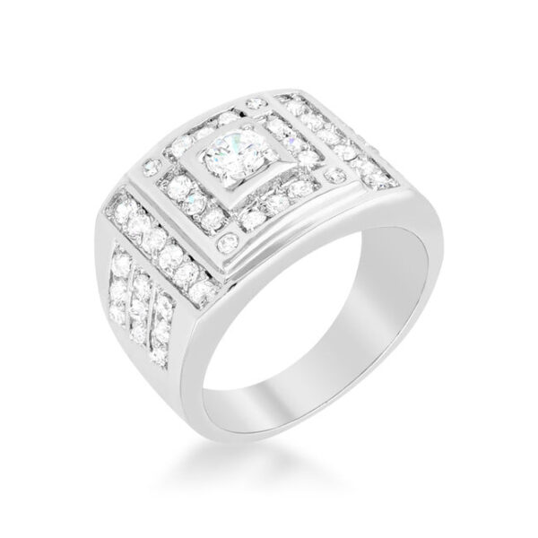 Geometric ring in rhodium plated over lead free alloy (brass) with round genuine cubic zirconia in prong settings.