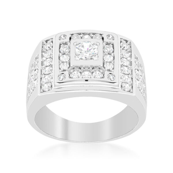 Geometric rhodium plated over lead free alloy (brass) ring with round genuine cubic zirconia and prong settings.