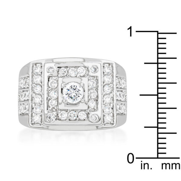 Round genuine cubic zirconia prong-set geometric ring in rhodium plated over lead free alloy (brass).