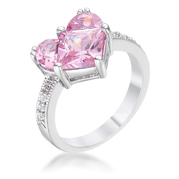 The ring with red princess-cut cubic zirconia in prongs, rhodium plated over lead free alloy (brass).