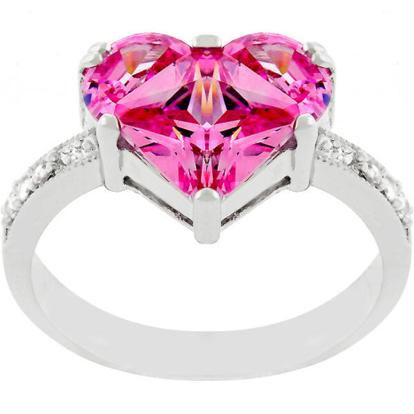 Sweetheart ring with a 7.8 Mm red princess-cut cubic zirconia, rhodium plated over lead free alloy (brass).