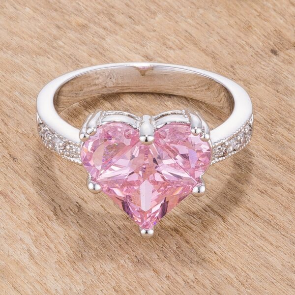 Red princess-cut cubic zirconia ring in prongs with 2.7 ct total stone weight, rhodium plated over lead free alloy (brass).