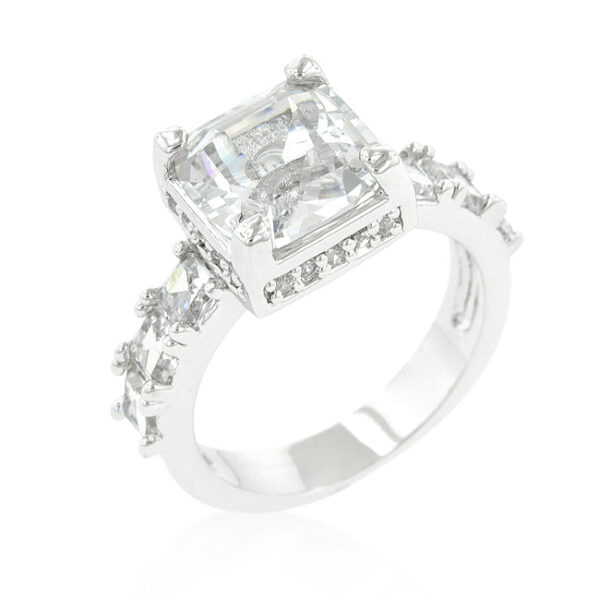 Rhodium plated over lead free alloy (brass) ring with Asscher and round cubic zirconia in prong settings.