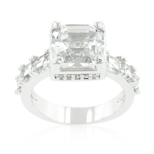 Prong-set cubic zirconia ring with Asscher and round cuts and 4.07 ct total stone weight.