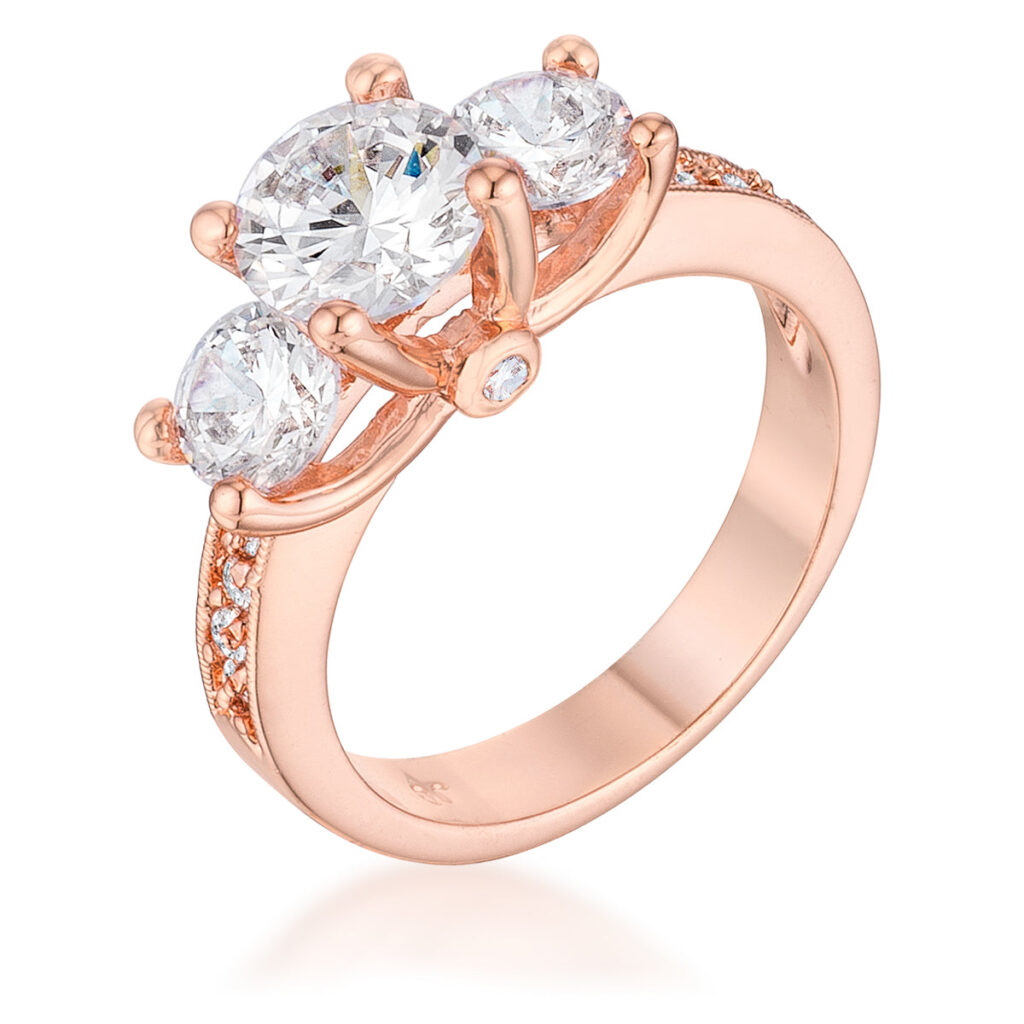 Round cubic zirconia engagement ring in a rosegold tone finish over lead free alloy (brass), with 2.8 ct total stone weight.