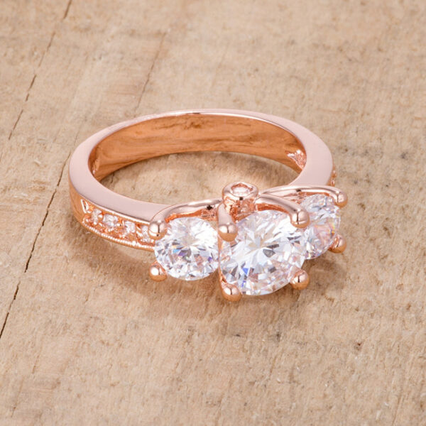 Round cubic zirconia ring with prong settings and a rosegold tone finish over lead free alloy (brass).