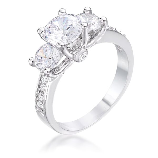 Genuine round cubic zirconia engagement ring in prongs, rhodium plated over lead free alloy (brass), with 2.8 ct total stone weight.