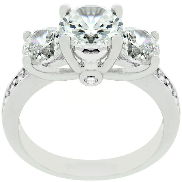 Genuine cubic zirconia engagement ring with round stones in prongs, rhodium plated over lead free alloy (brass).