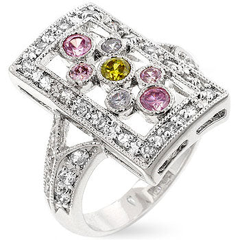 Framed cocktail ring with all-clear cubic zirconia in a bezel setting and rhodium plated over .925 sterling silver.